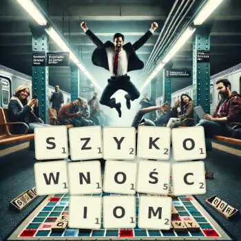 Kreatywna ilustracja do gry w Scrabble ze słowem SZYKOWNOŚCIOM ułożonym z płytek na planszy.