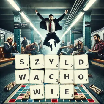 Kreatywna ilustracja do gry w Scrabble ze słowem SZYLDWACHOWIE ułożonym z płytek na planszy.
