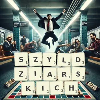 Kreatywna ilustracja do gry w Scrabble ze słowem SZYLDZIARSKICH ułożonym z płytek na planszy.