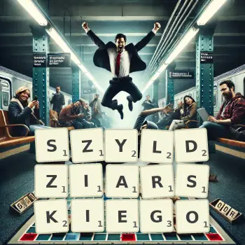 Kreatywna ilustracja do gry w Scrabble ze słowem SZYLDZIARSKIEGO ułożonym z płytek na planszy.