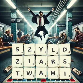 Kreatywna ilustracja do gry w Scrabble ze słowem SZYLDZIARSTWAMI ułożonym z płytek na planszy.