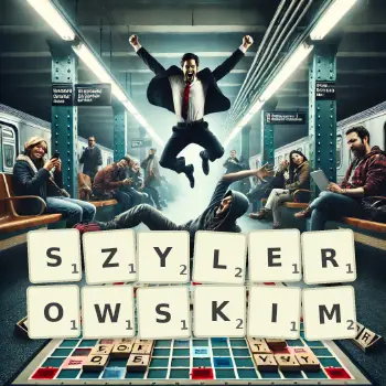 Kreatywna ilustracja do gry w Scrabble ze słowem SZYLEROWSKIM ułożonym z płytek na planszy.