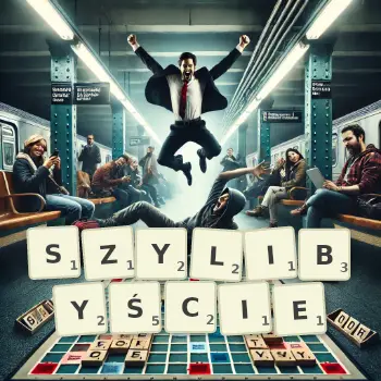 Kreatywna ilustracja do gry w Scrabble ze słowem SZYLIBYŚCIE ułożonym z płytek na planszy.