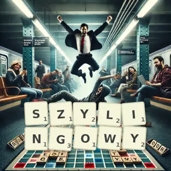 Kreatywna ilustracja do gry w Scrabble ze słowem SZYLINGOWY ułożonym z płytek na planszy.