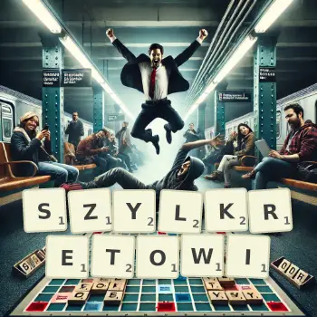 Kreatywna ilustracja do gry w Scrabble ze słowem SZYLKRETOWI ułożonym z płytek na planszy.