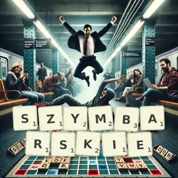 Kreatywna ilustracja do gry w Scrabble ze słowem SZYMBARSKIE ułożonym z płytek na planszy.