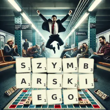 Kreatywna ilustracja do gry w Scrabble ze słowem SZYMBARSKIEGO ułożonym z płytek na planszy.