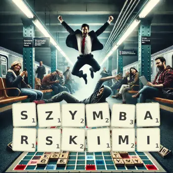 Kreatywna ilustracja do gry w Scrabble ze słowem SZYMBARSKIMI ułożonym z płytek na planszy.