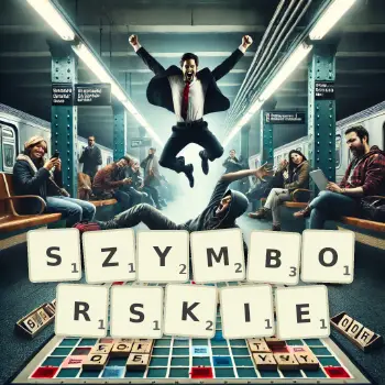 Kreatywna ilustracja do gry w Scrabble ze słowem SZYMBORSKIE ułożonym z płytek na planszy.