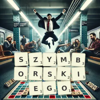Kreatywna ilustracja do gry w Scrabble ze słowem SZYMBORSKIEGO ułożonym z płytek na planszy.