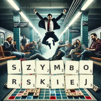 Kreatywna ilustracja do gry w Scrabble ze słowem SZYMBORSKIEJ ułożonym z płytek na planszy.