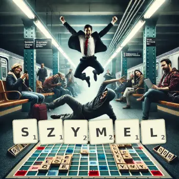 Kreatywna ilustracja do gry w Scrabble ze słowem SZYMEL ułożonym z płytek na planszy.