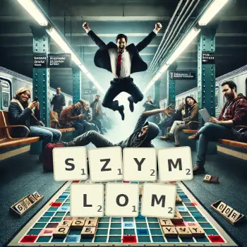 Kreatywna ilustracja do gry w Scrabble ze słowem SZYMLOM ułożonym z płytek na planszy.