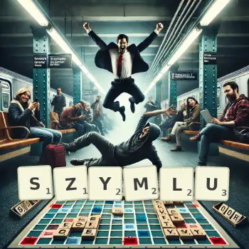 Kreatywna ilustracja do gry w Scrabble ze słowem SZYMLU ułożonym z płytek na planszy.