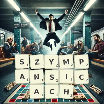 Kreatywna ilustracja do gry w Scrabble ze słowem SZYMPANSICACH ułożonym z płytek na planszy.