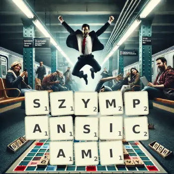 Kreatywna ilustracja do gry w Scrabble ze słowem SZYMPANSICAMI ułożonym z płytek na planszy.