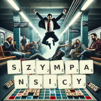 Kreatywna ilustracja do gry w Scrabble ze słowem SZYMPANSICY ułożonym z płytek na planszy.
