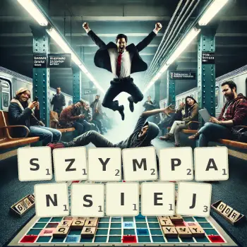 Kreatywna ilustracja do gry w Scrabble ze słowem SZYMPANSIEJ ułożonym z płytek na planszy.
