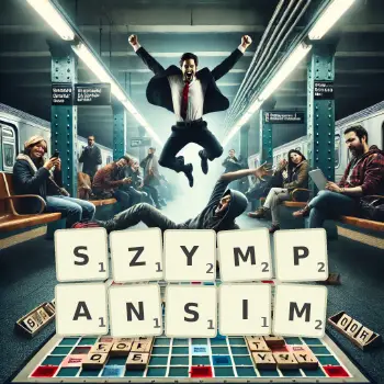 Kreatywna ilustracja do gry w Scrabble ze słowem SZYMPANSIM ułożonym z płytek na planszy.