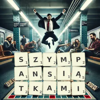 Kreatywna ilustracja do gry w Scrabble ze słowem SZYMPANSIĄTKAMI ułożonym z płytek na planszy.