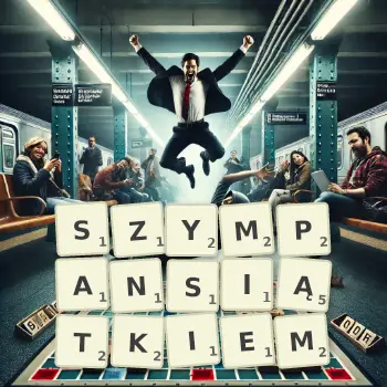 Kreatywna ilustracja do gry w Scrabble ze słowem SZYMPANSIĄTKIEM ułożonym z płytek na planszy.