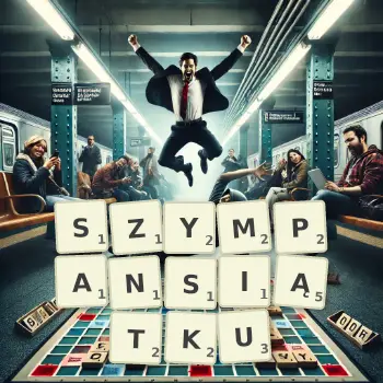 Kreatywna ilustracja do gry w Scrabble ze słowem SZYMPANSIĄTKU ułożonym z płytek na planszy.