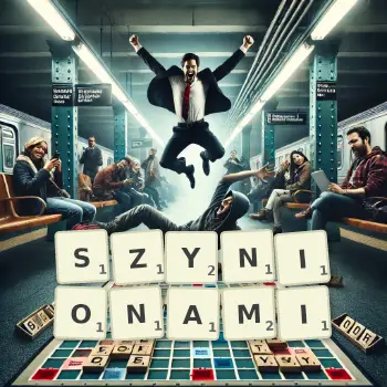 Kreatywna ilustracja do gry w Scrabble ze słowem SZYNIONAMI ułożonym z płytek na planszy.