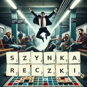 Kreatywna ilustracja do gry w Scrabble ze słowem SZYNKARECZKI ułożonym z płytek na planszy.