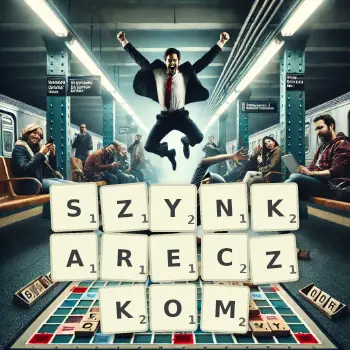 Kreatywna ilustracja do gry w Scrabble ze słowem SZYNKARECZKOM ułożonym z płytek na planszy.
