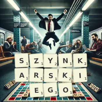 Kreatywna ilustracja do gry w Scrabble ze słowem SZYNKARSKIEGO ułożonym z płytek na planszy.