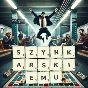 Kreatywna ilustracja do gry w Scrabble ze słowem SZYNKARSKIEMU ułożonym z płytek na planszy.
