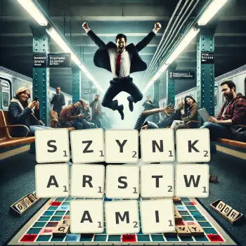 Kreatywna ilustracja do gry w Scrabble ze słowem SZYNKARSTWAMI ułożonym z płytek na planszy.