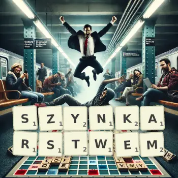 Kreatywna ilustracja do gry w Scrabble ze słowem SZYNKARSTWEM ułożonym z płytek na planszy.