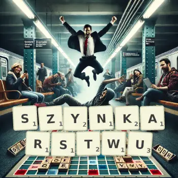 Kreatywna ilustracja do gry w Scrabble ze słowem SZYNKARSTWU ułożonym z płytek na planszy.