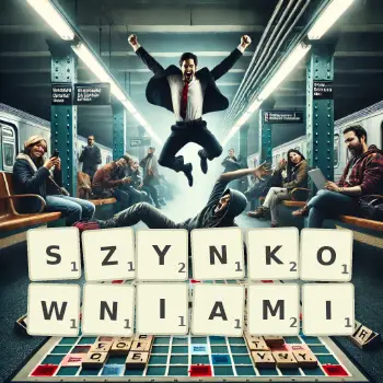 Kreatywna ilustracja do gry w Scrabble ze słowem SZYNKOWNIAMI ułożonym z płytek na planszy.
