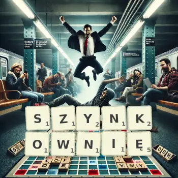 Kreatywna ilustracja do gry w Scrabble ze słowem SZYNKOWNIĘ ułożonym z płytek na planszy.