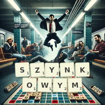 Kreatywna ilustracja do gry w Scrabble ze słowem SZYNKOWYM ułożonym z płytek na planszy.