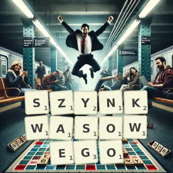 Kreatywna ilustracja do gry w Scrabble ze słowem SZYNKWASOWEGO ułożonym z płytek na planszy.