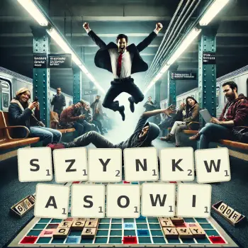 Kreatywna ilustracja do gry w Scrabble ze słowem SZYNKWASOWI ułożonym z płytek na planszy.