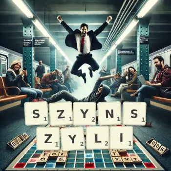 Kreatywna ilustracja do gry w Scrabble ze słowem SZYNSZYLI ułożonym z płytek na planszy.