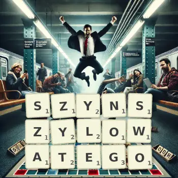 Kreatywna ilustracja do gry w Scrabble ze słowem SZYNSZYLOWATEGO ułożonym z płytek na planszy.