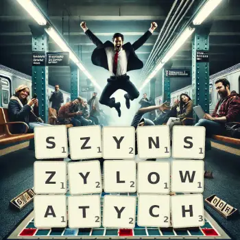 Kreatywna ilustracja do gry w Scrabble ze słowem SZYNSZYLOWATYCH ułożonym z płytek na planszy.