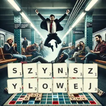 Kreatywna ilustracja do gry w Scrabble ze słowem SZYNSZYLOWEJ ułożonym z płytek na planszy.