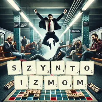 Kreatywna ilustracja do gry w Scrabble ze słowem SZYNTOIZMOM ułożonym z płytek na planszy.