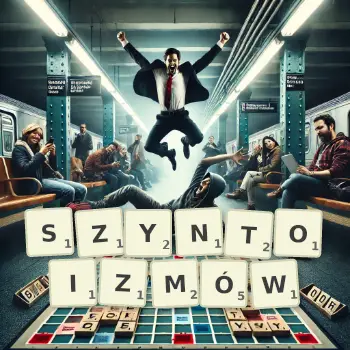 Kreatywna ilustracja do gry w Scrabble ze słowem SZYNTOIZMÓW ułożonym z płytek na planszy.