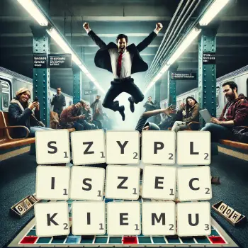 Kreatywna ilustracja do gry w Scrabble ze słowem SZYPLISZECKIEMU ułożonym z płytek na planszy.