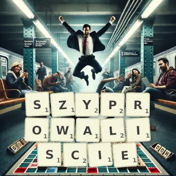 Kreatywna ilustracja do gry w Scrabble ze słowem SZYPROWALISCIE ułożonym z płytek na planszy.