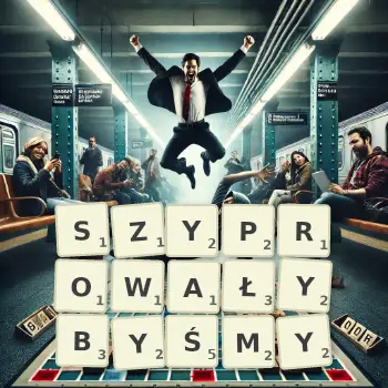 Kreatywna ilustracja do gry w Scrabble ze słowem SZYPROWAŁYBYŚMY ułożonym z płytek na planszy.