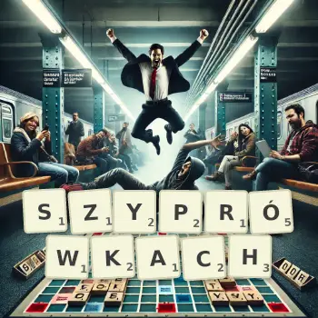 Kreatywna ilustracja do gry w Scrabble ze słowem SZYPRÓWKACH ułożonym z płytek na planszy.
