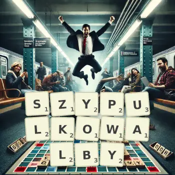 Kreatywna ilustracja do gry w Scrabble ze słowem SZYPULKOWALBY ułożonym z płytek na planszy.